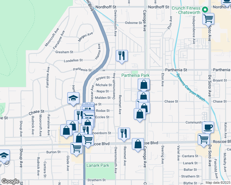 map of restaurants, bars, coffee shops, grocery stores, and more near 8536 Owensmouth Avenue in Los Angeles