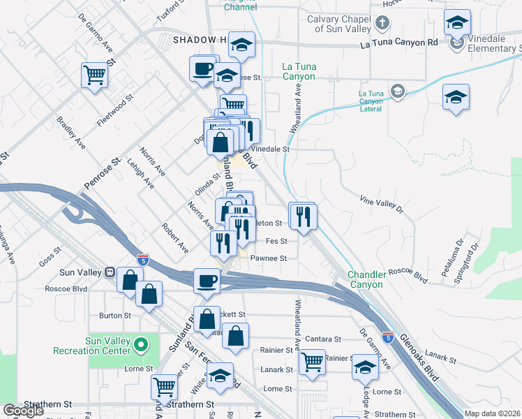 map of restaurants, bars, coffee shops, grocery stores, and more near 8522 Terhune Avenue in Los Angeles