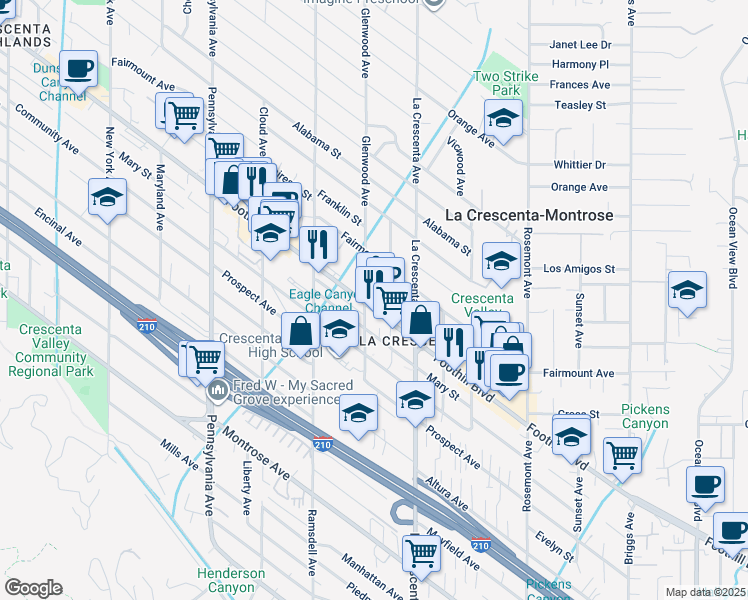 map of restaurants, bars, coffee shops, grocery stores, and more near 2867 Foothill Boulevard in La Crescenta-Montrose
