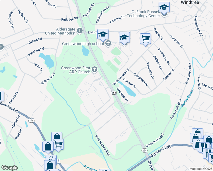 map of restaurants, bars, coffee shops, grocery stores, and more near 101 Kenilworth Drive in Greenwood