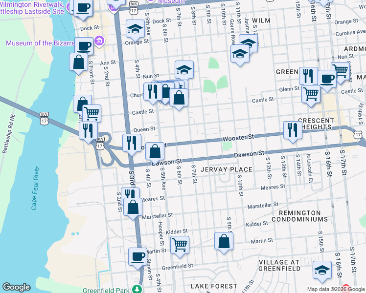 map of restaurants, bars, coffee shops, grocery stores, and more near 610 Wooster Street in Wilmington