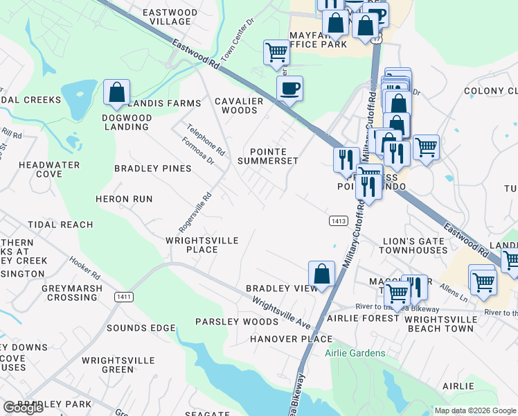 map of restaurants, bars, coffee shops, grocery stores, and more near 136 Telephone Road in Wilmington