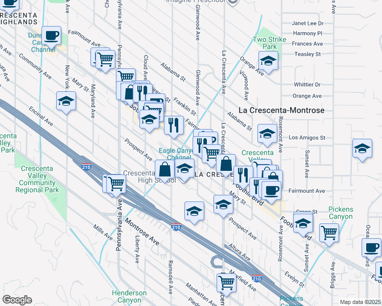 map of restaurants, bars, coffee shops, grocery stores, and more near in La Crescenta-Montrose