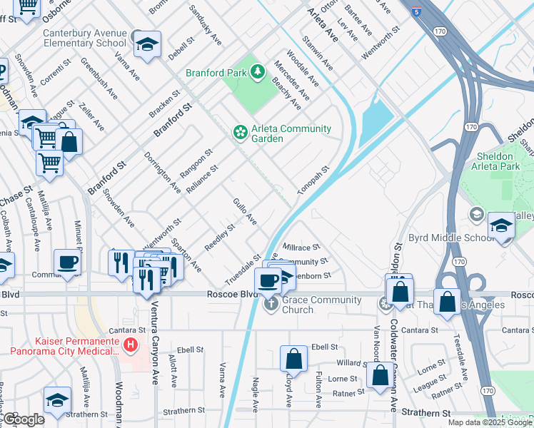 map of restaurants, bars, coffee shops, grocery stores, and more near 13273 Winfield Street in Los Angeles