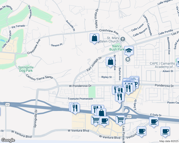 map of restaurants, bars, coffee shops, grocery stores, and more near 225 Camino Toluca in Camarillo