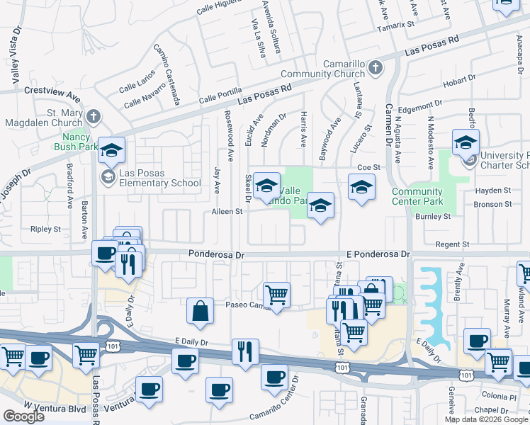 map of restaurants, bars, coffee shops, grocery stores, and more near 768 Aileen Street in Camarillo