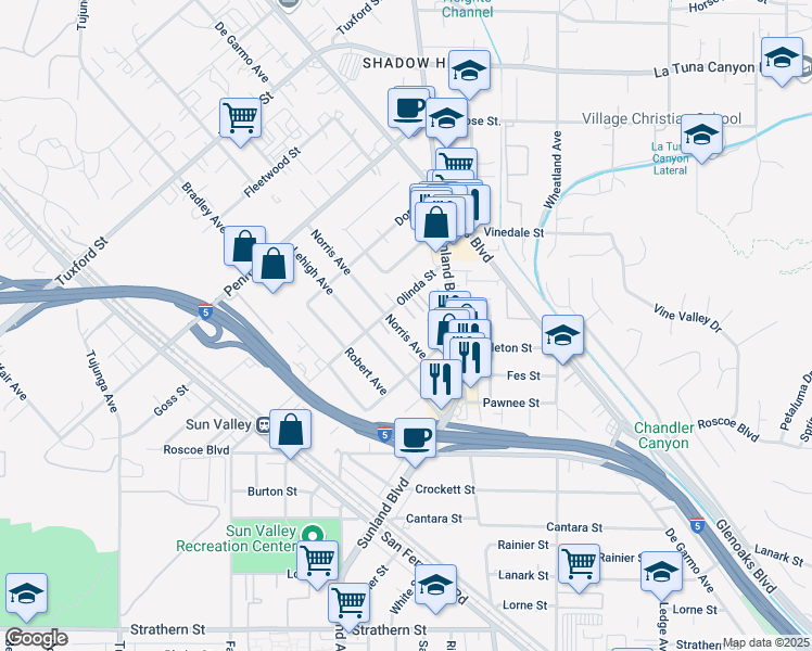 map of restaurants, bars, coffee shops, grocery stores, and more near 8544 Norris Avenue in Los Angeles