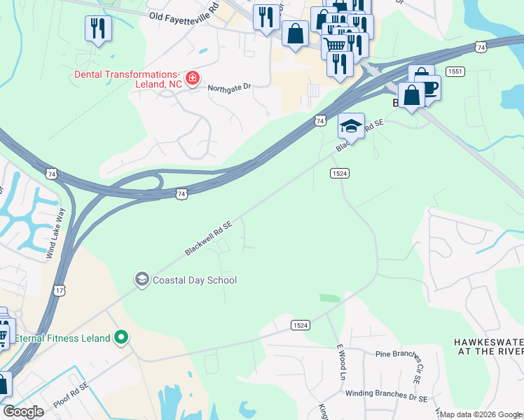 map of restaurants, bars, coffee shops, grocery stores, and more near 10003 Blackwell Road Southeast in Leland