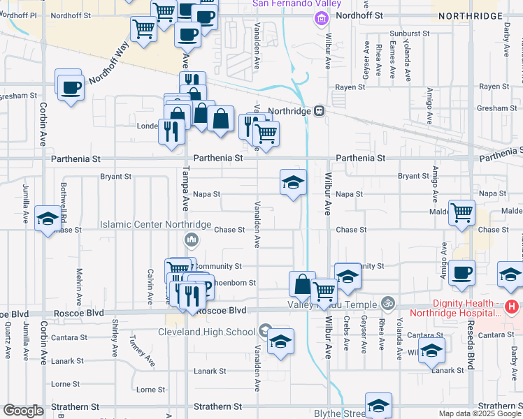 map of restaurants, bars, coffee shops, grocery stores, and more near 8528 Vanalden Avenue in Los Angeles
