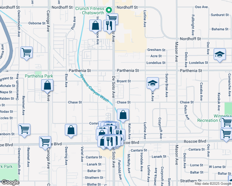 map of restaurants, bars, coffee shops, grocery stores, and more near 8536 De Soto Avenue in Los Angeles