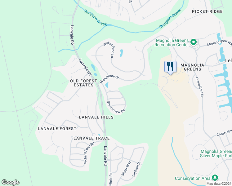 map of restaurants, bars, coffee shops, grocery stores, and more near 1264 Greensview Circle in Leland