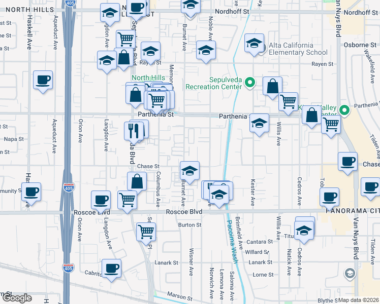 map of restaurants, bars, coffee shops, grocery stores, and more near 8530 Burnet Avenue in Los Angeles