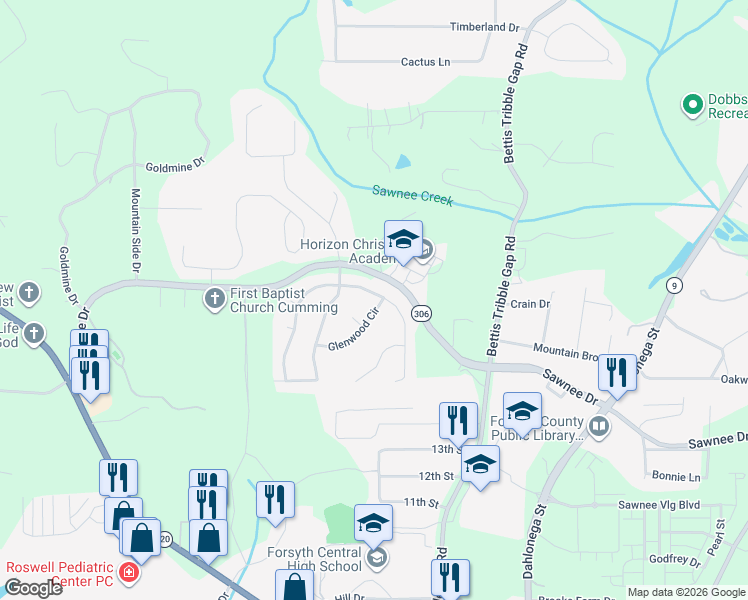 map of restaurants, bars, coffee shops, grocery stores, and more near 1550 Fairburn Drive in Cumming