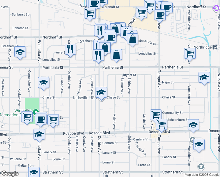 map of restaurants, bars, coffee shops, grocery stores, and more near 8527 Bothwell Road in Los Angeles