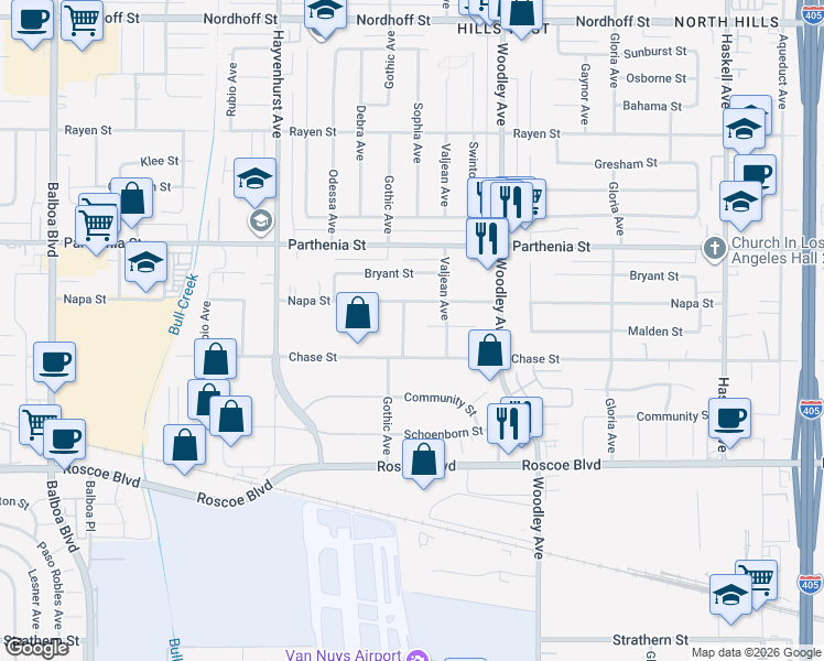 map of restaurants, bars, coffee shops, grocery stores, and more near 16320 Malden Street in Los Angeles