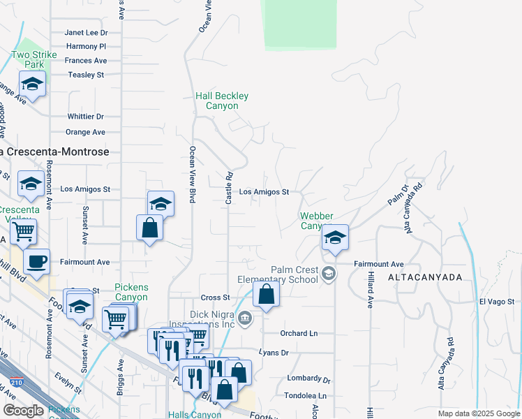 map of restaurants, bars, coffee shops, grocery stores, and more near 2104 Los Amigos Street in La Cañada Flintridge