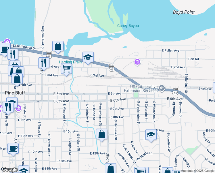 map of restaurants, bars, coffee shops, grocery stores, and more near 902 East 4th Avenue in Pine Bluff
