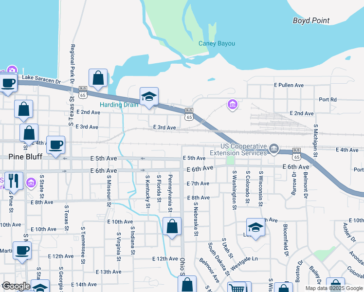 map of restaurants, bars, coffee shops, grocery stores, and more near 902 East 4th Avenue in Pine Bluff