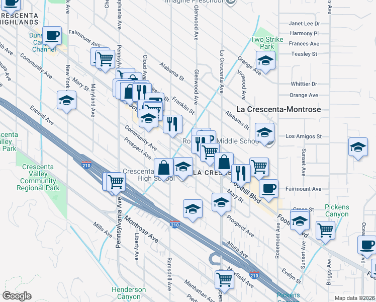 map of restaurants, bars, coffee shops, grocery stores, and more near 2937 Mary Street in La Crescenta-Montrose