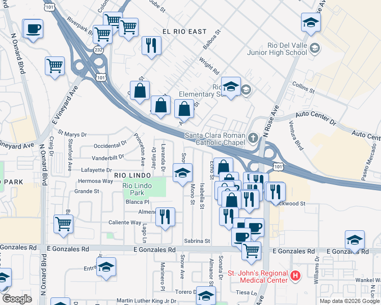 map of restaurants, bars, coffee shops, grocery stores, and more near 2311 Mono Street in Oxnard