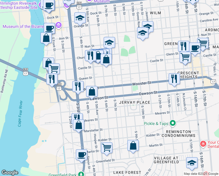 map of restaurants, bars, coffee shops, grocery stores, and more near 612 Wooster Street in Wilmington