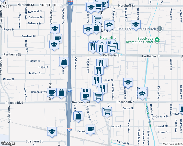 map of restaurants, bars, coffee shops, grocery stores, and more near 8537 Thunderbird Drive in Los Angeles