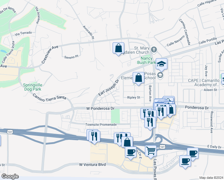 map of restaurants, bars, coffee shops, grocery stores, and more near 223 Camino Toluca in Camarillo