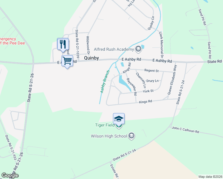 map of restaurants, bars, coffee shops, grocery stores, and more near 14 Kings Road in Quinby