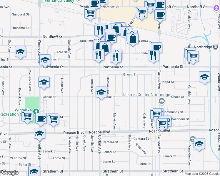 map of restaurants, bars, coffee shops, grocery stores, and more near 8527 Bothwell Road in Los Angeles