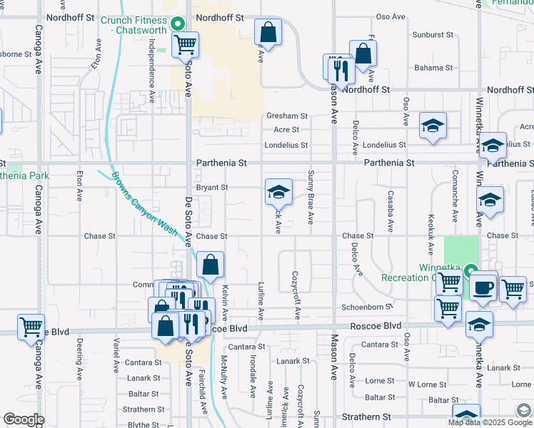 map of restaurants, bars, coffee shops, grocery stores, and more near 8534 Lurline Avenue in Los Angeles