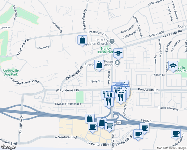 map of restaurants, bars, coffee shops, grocery stores, and more near 151 Green Glade Court in Camarillo