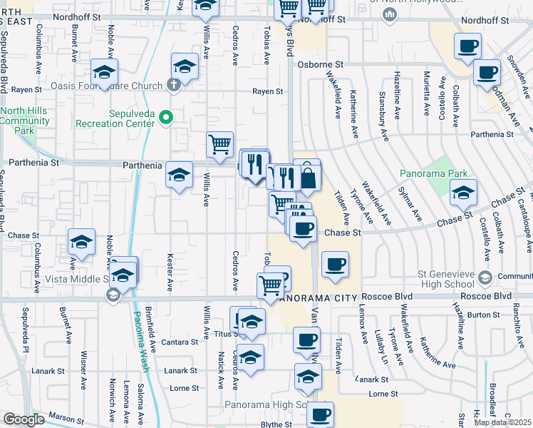 map of restaurants, bars, coffee shops, grocery stores, and more near 8525 Tobias Avenue in Los Angeles