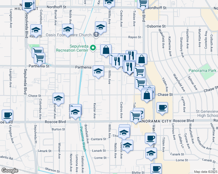map of restaurants, bars, coffee shops, grocery stores, and more near 8526 Willis Avenue in Los Angeles