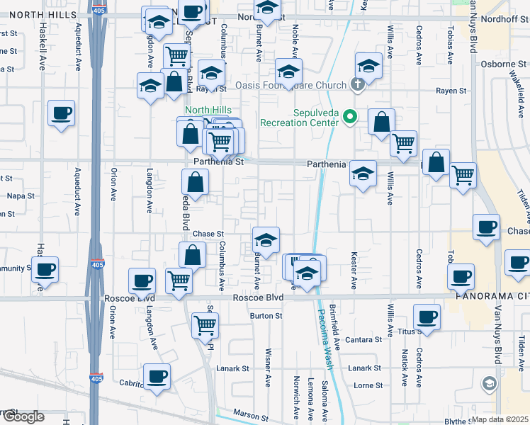 map of restaurants, bars, coffee shops, grocery stores, and more near 8531 Wisner Avenue in Los Angeles