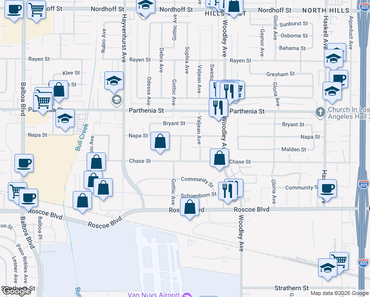 map of restaurants, bars, coffee shops, grocery stores, and more near 16320 Malden Street in Los Angeles