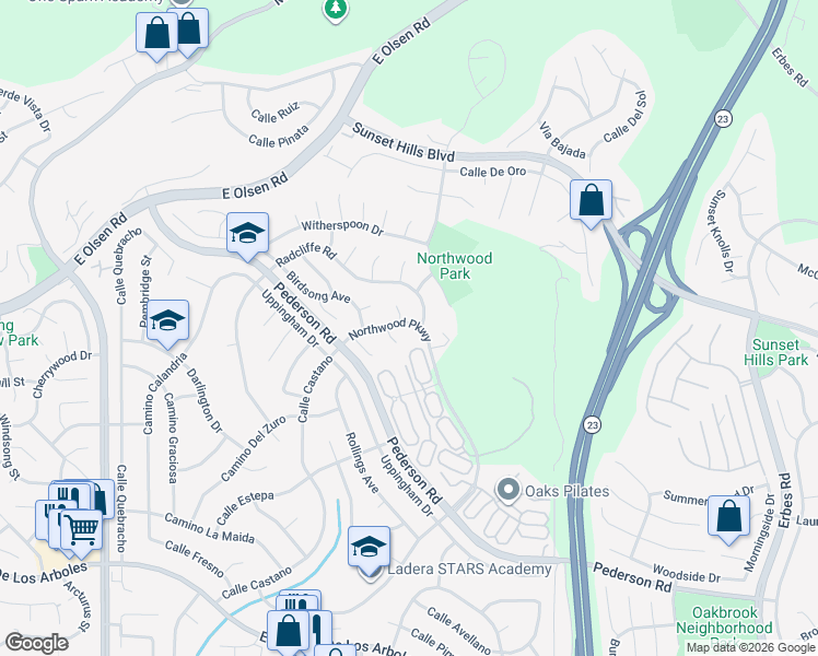 map of restaurants, bars, coffee shops, grocery stores, and more near 3374 Larkhaven Court in Thousand Oaks