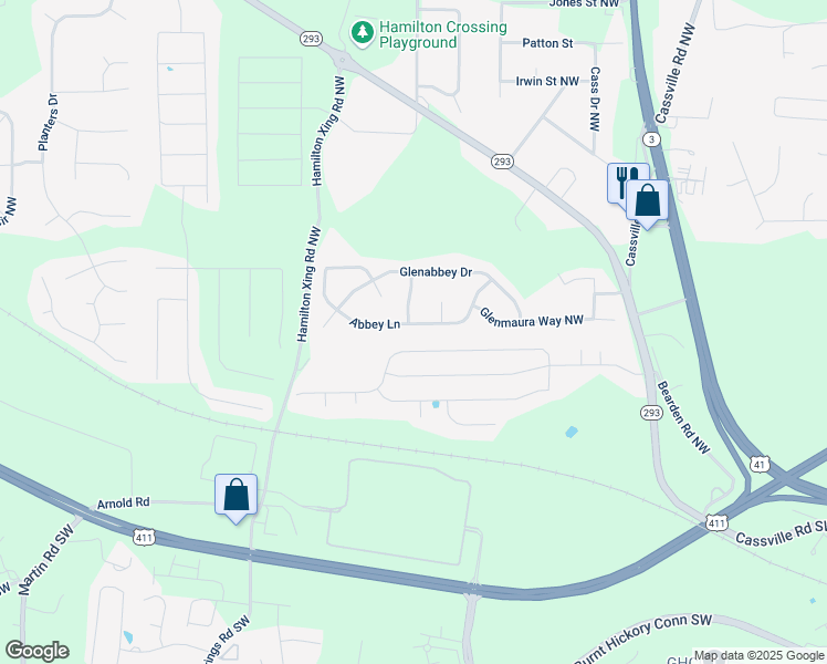 map of restaurants, bars, coffee shops, grocery stores, and more near 31 Abbey Lane in Cartersville