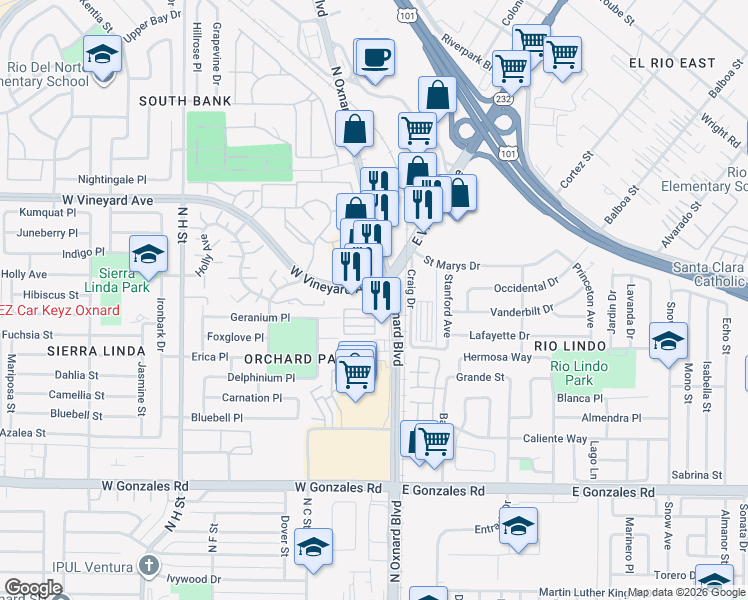 map of restaurants, bars, coffee shops, grocery stores, and more near Oxnard Boulevard in Oxnard