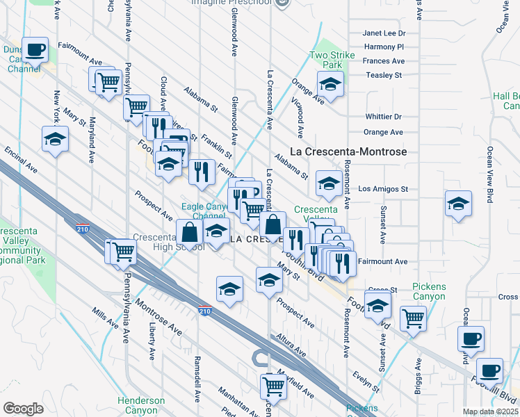 map of restaurants, bars, coffee shops, grocery stores, and more near 2817 Sanborn Avenue in La Crescenta-Montrose