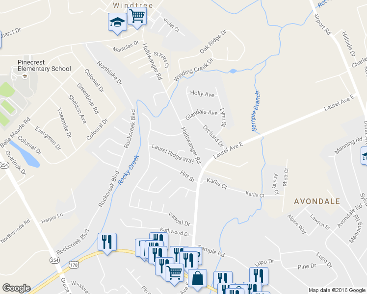 map of restaurants, bars, coffee shops, grocery stores, and more near 109 Laurel Ridge Place in Greenwood