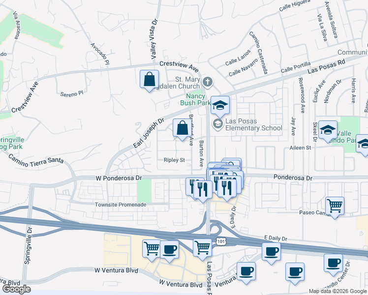 map of restaurants, bars, coffee shops, grocery stores, and more near 133 Tree Fern Court in Camarillo