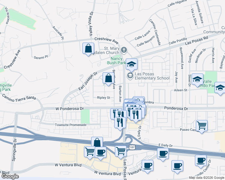 map of restaurants, bars, coffee shops, grocery stores, and more near 127 Tree Fern Court in Camarillo