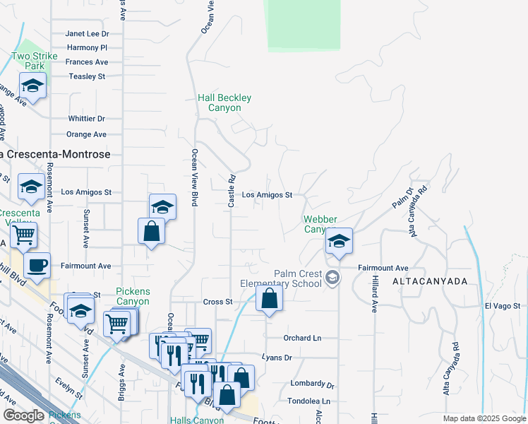 map of restaurants, bars, coffee shops, grocery stores, and more near 2104 Los Amigos Street in La Cañada Flintridge