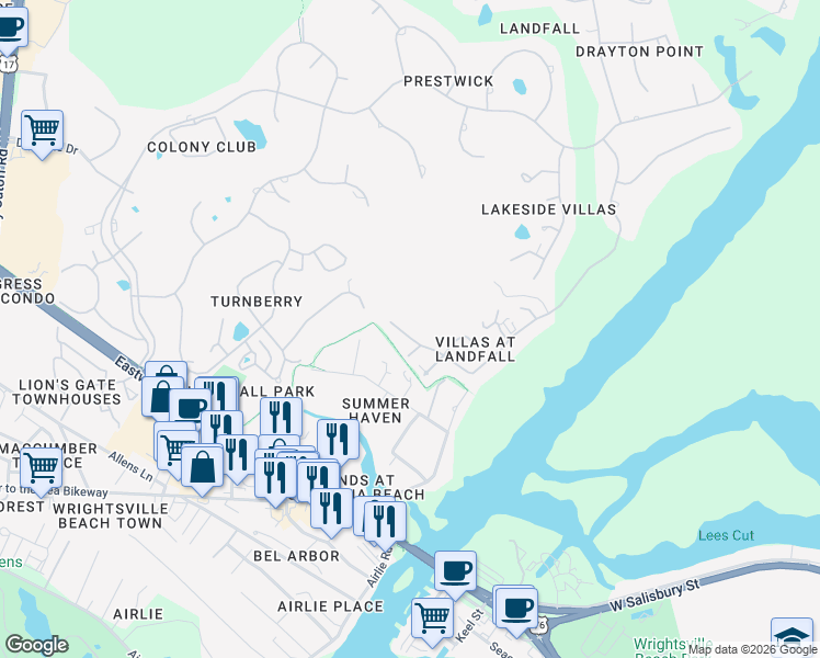 map of restaurants, bars, coffee shops, grocery stores, and more near 1708 Landfall Drive in Wilmington