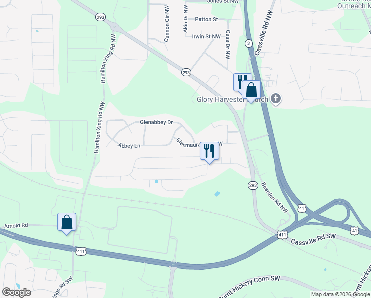 map of restaurants, bars, coffee shops, grocery stores, and more near 22 Moss Way in Cartersville