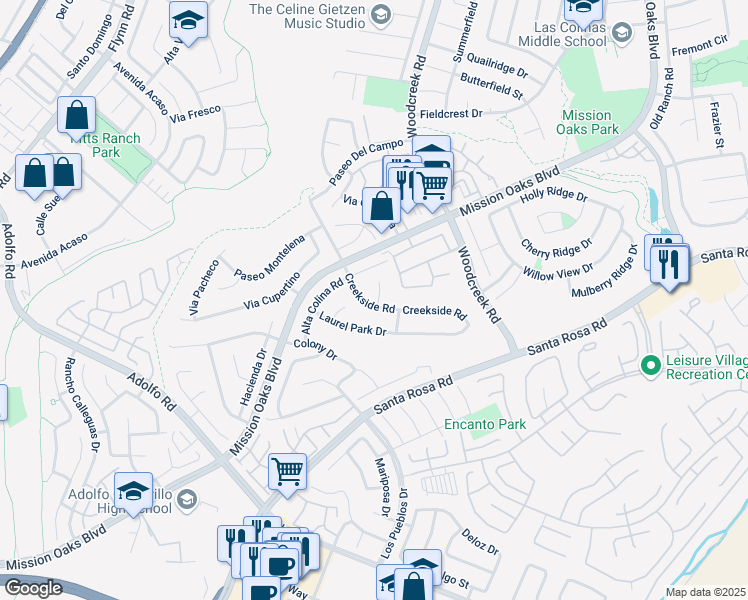 map of restaurants, bars, coffee shops, grocery stores, and more near 5099 Creekside Road in Camarillo