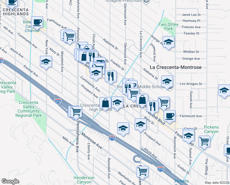 map of restaurants, bars, coffee shops, grocery stores, and more near 2937 Mary Street in La Crescenta-Montrose