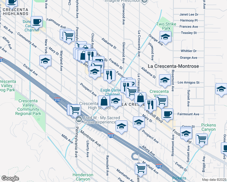 map of restaurants, bars, coffee shops, grocery stores, and more near 2941 Mary Street in La Crescenta-Montrose