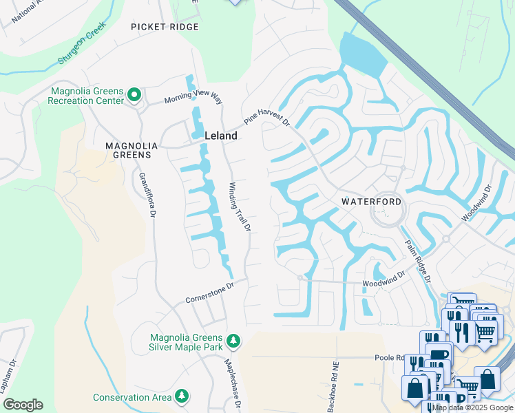 map of restaurants, bars, coffee shops, grocery stores, and more near 2031 Woodwind Drive in Leland