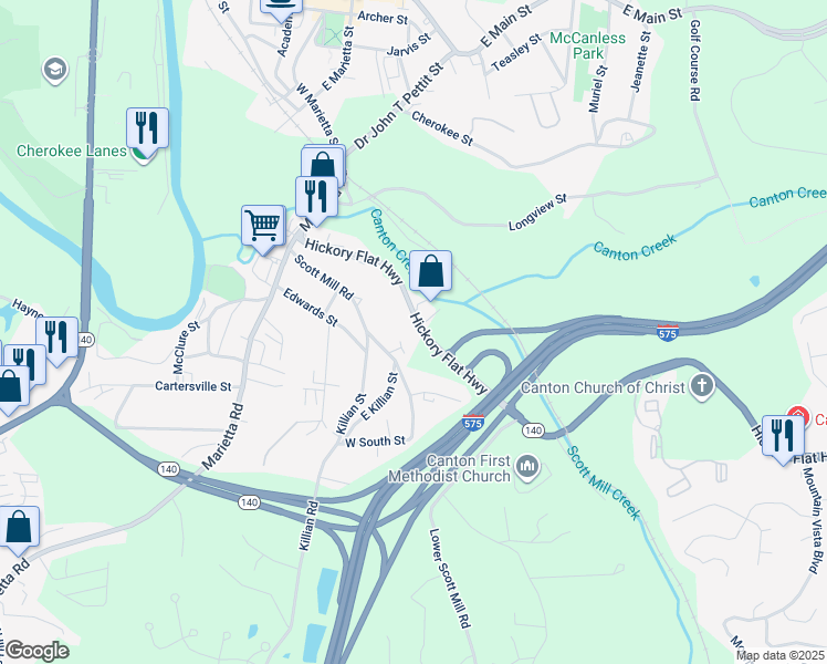 map of restaurants, bars, coffee shops, grocery stores, and more near 380 Hickory Flat Highway in Canton